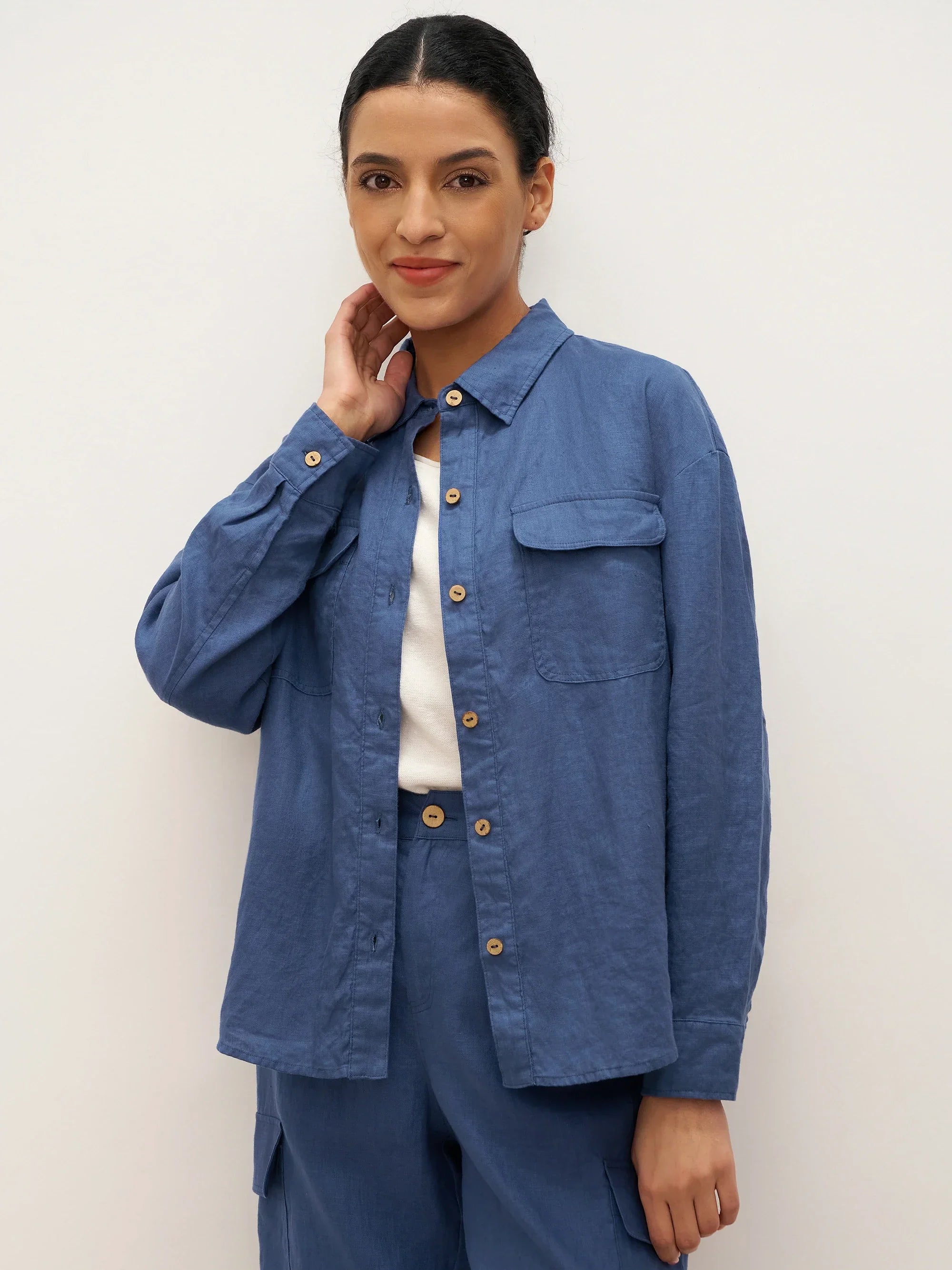 100% Linen Flap-Patch Buttoned Closure Shirt Jacket JANE