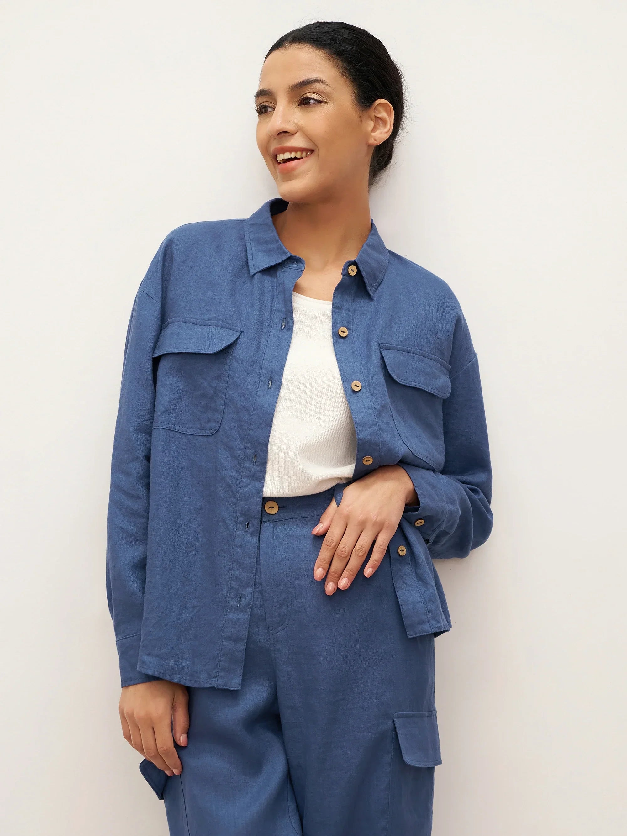 100% Linen Flap-Patch Buttoned Closure Shirt Jacket JANE