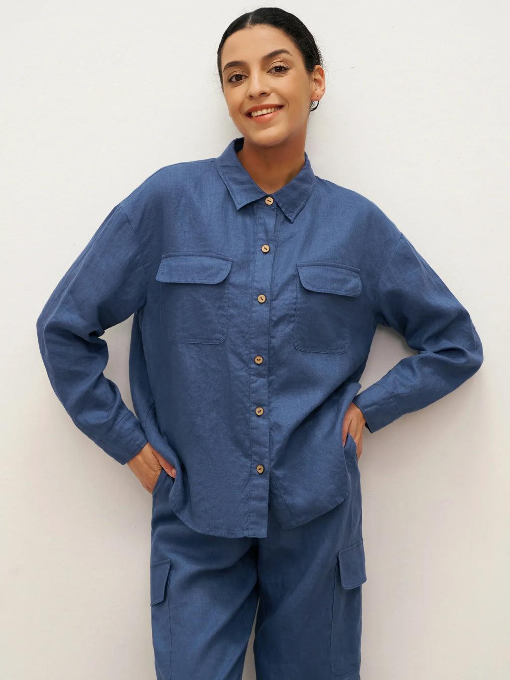 100% Linen Flap-Patch Buttoned Closure Shirt Jacket JANE