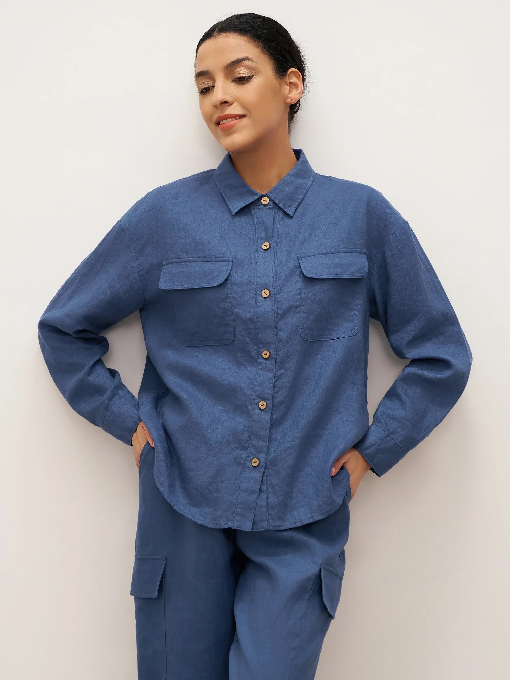 100% Linen Flap-Patch Buttoned Closure Shirt Jacket JANE