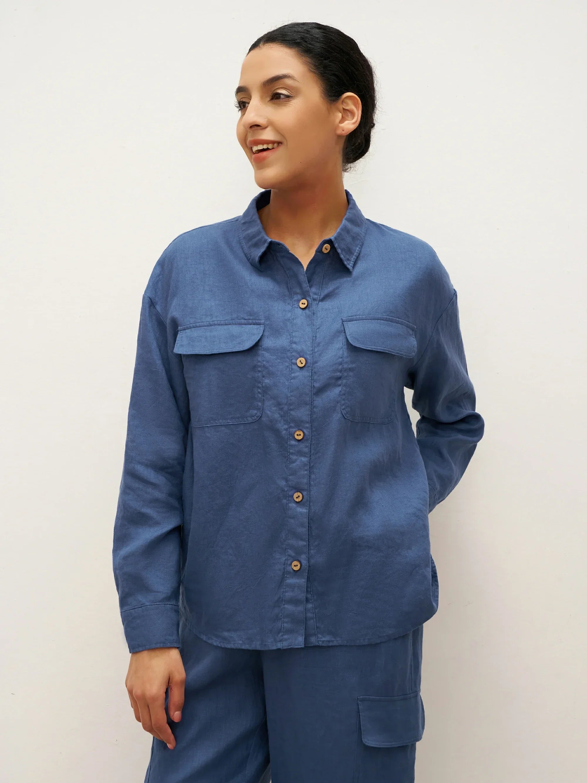 100% Linen Flap-Patch Buttoned Closure Shirt Jacket JANE