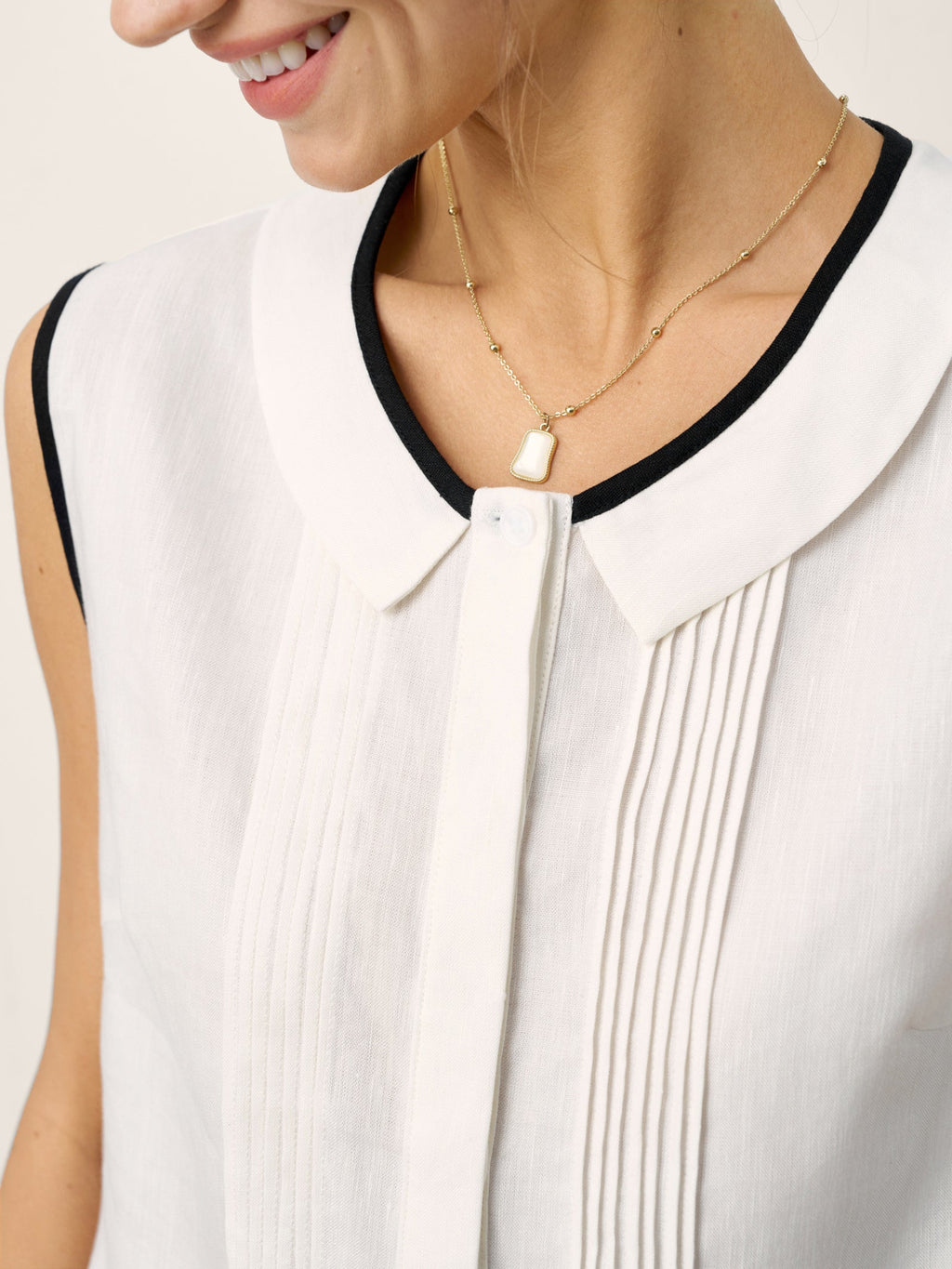 Linen-Lyocell Contrast Trim Pleated Sleeveless Top JUNIPER