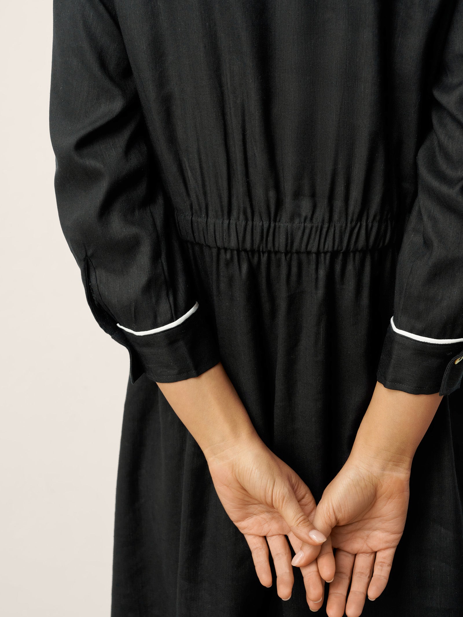 Linen-Lyocell Contrast Trim Gathered Midi Dress NYX