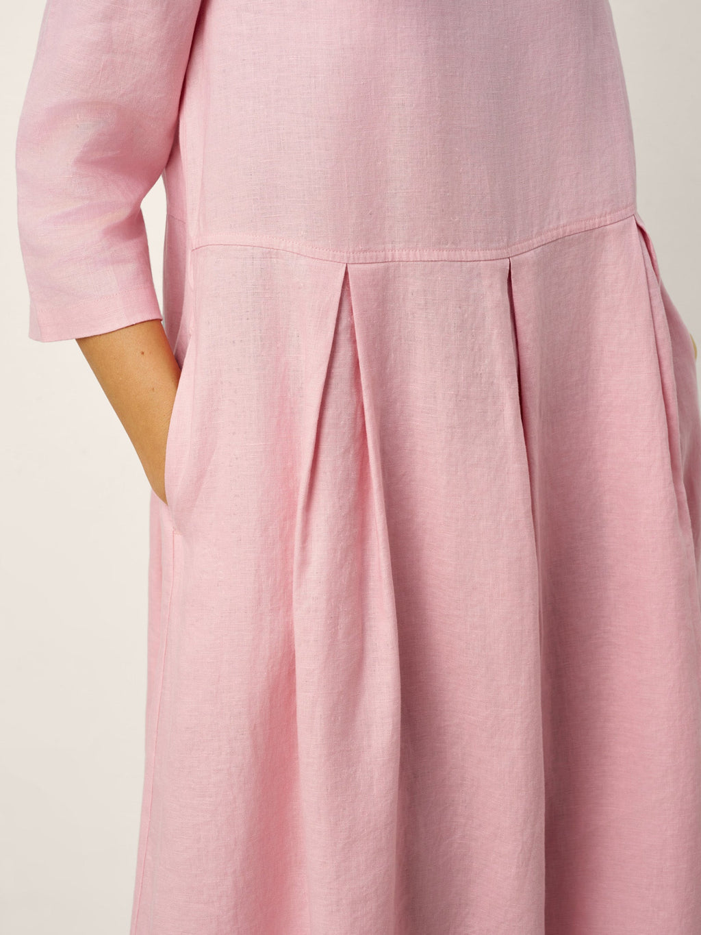 100% Linen Crescent Neck Decorative Button Waist Pleated Midi Dress GWENYTH