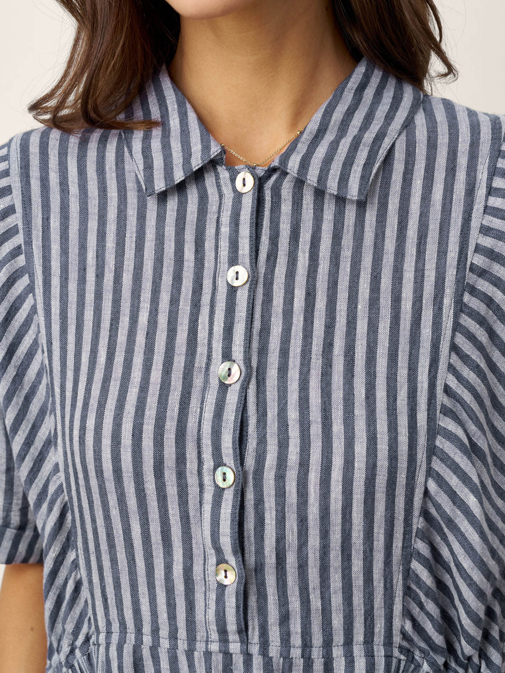 100% Linen Striped Buttoned Front Short Sleeve Midi Shirt Dress CASSANDRA