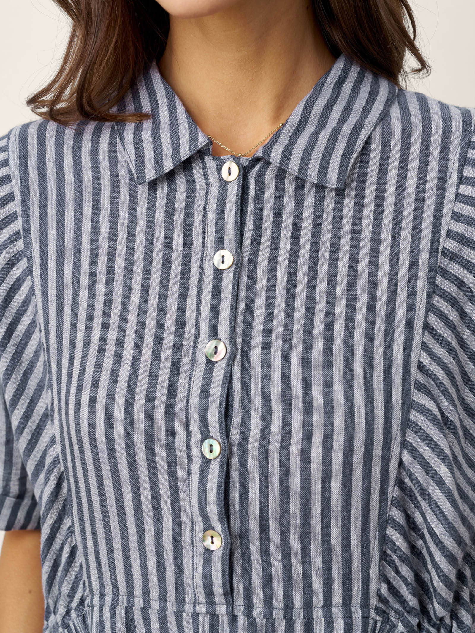 100% Linen Striped Buttoned Front Short Sleeve Midi Shirt Dress CASSANDRA