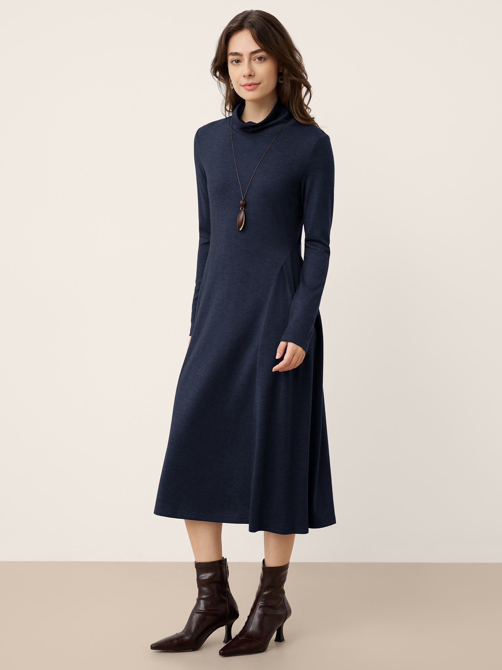 Wool Sculpted Pleats Turtleneck Midi Dress BRIAR