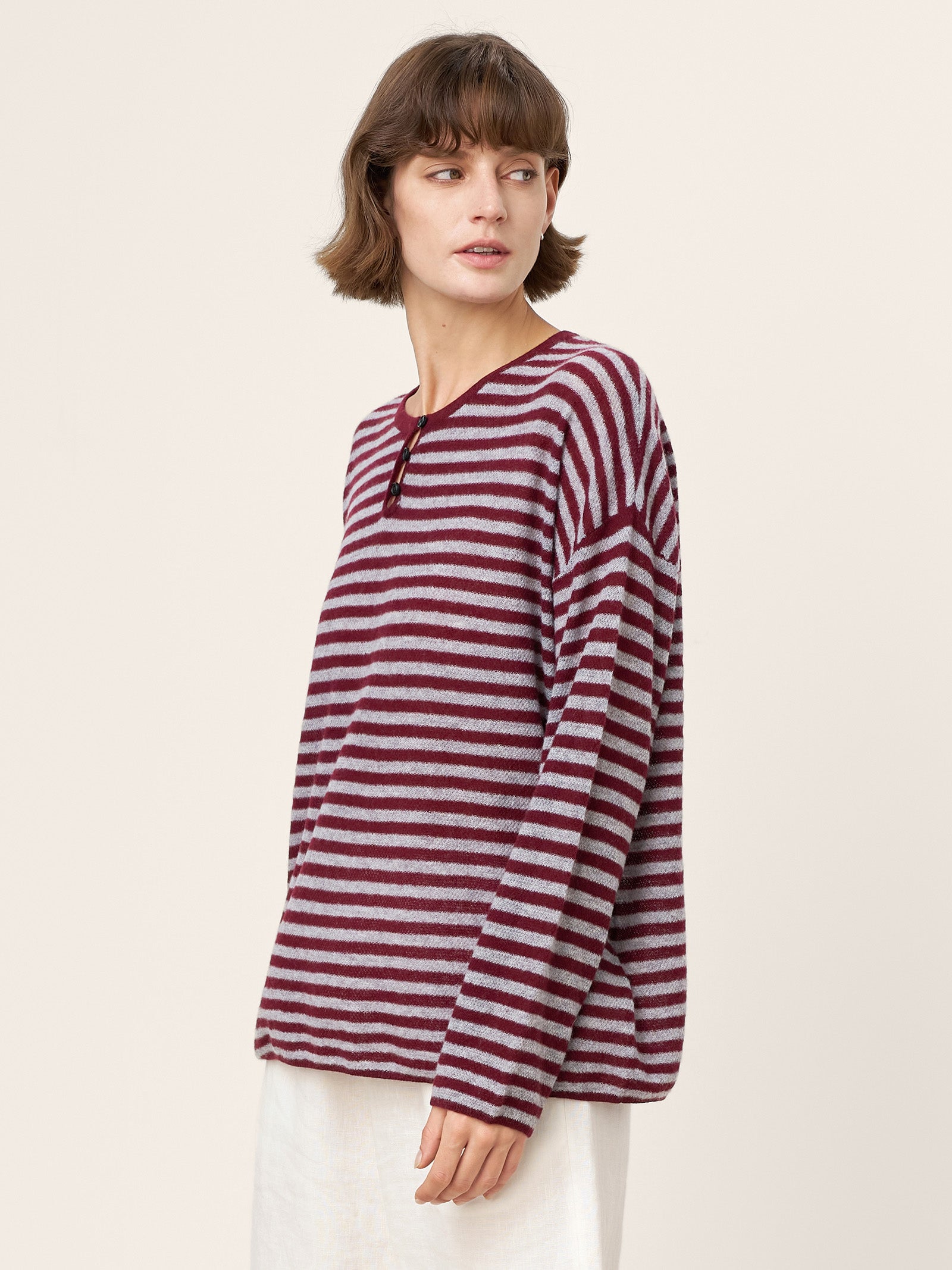 100% Mongolian Cashmere Drop Shoulder Stripe Knit Top RAINA