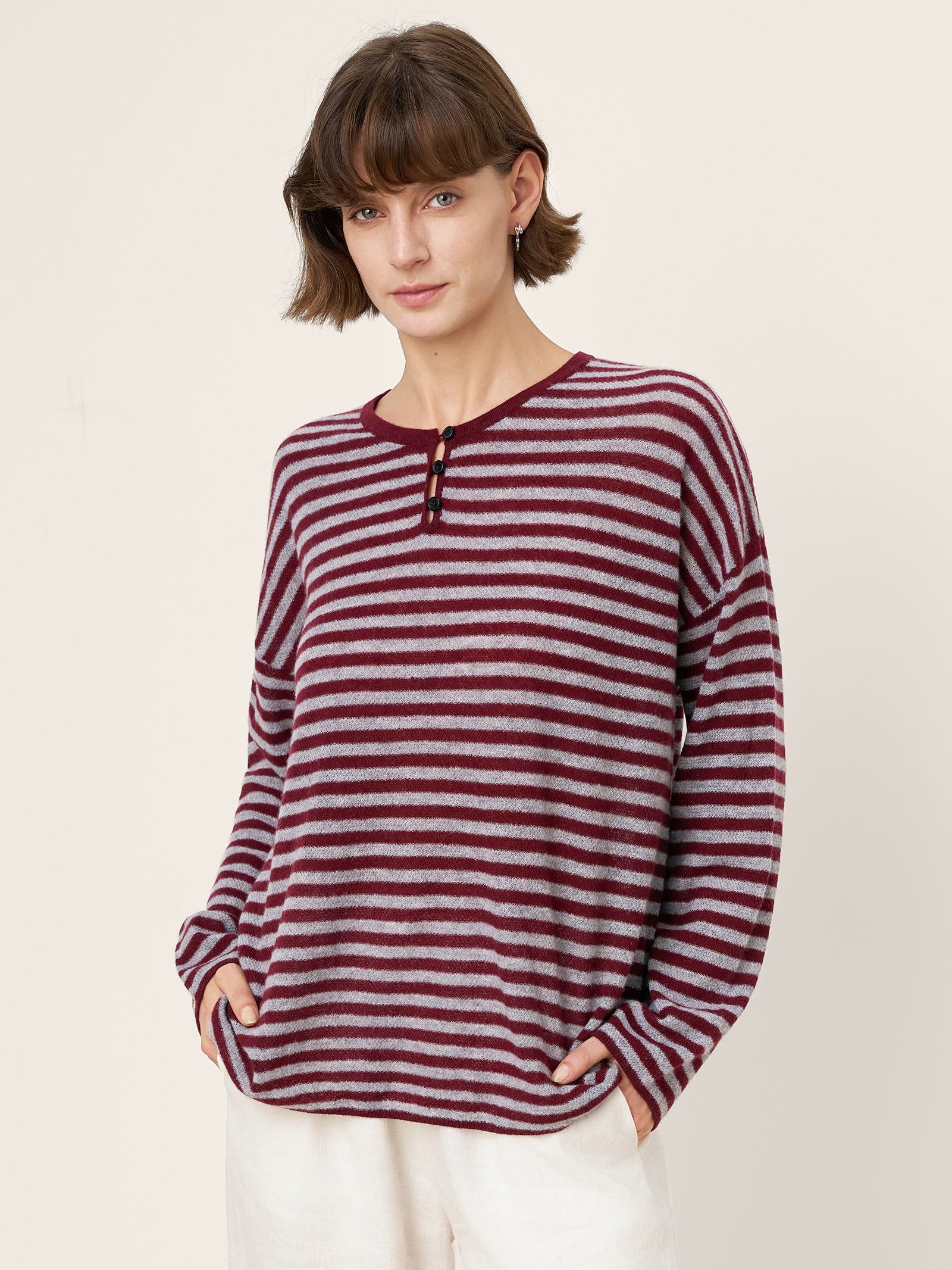 100% Mongolian Cashmere Drop Shoulder Stripe Knit Top RAINA