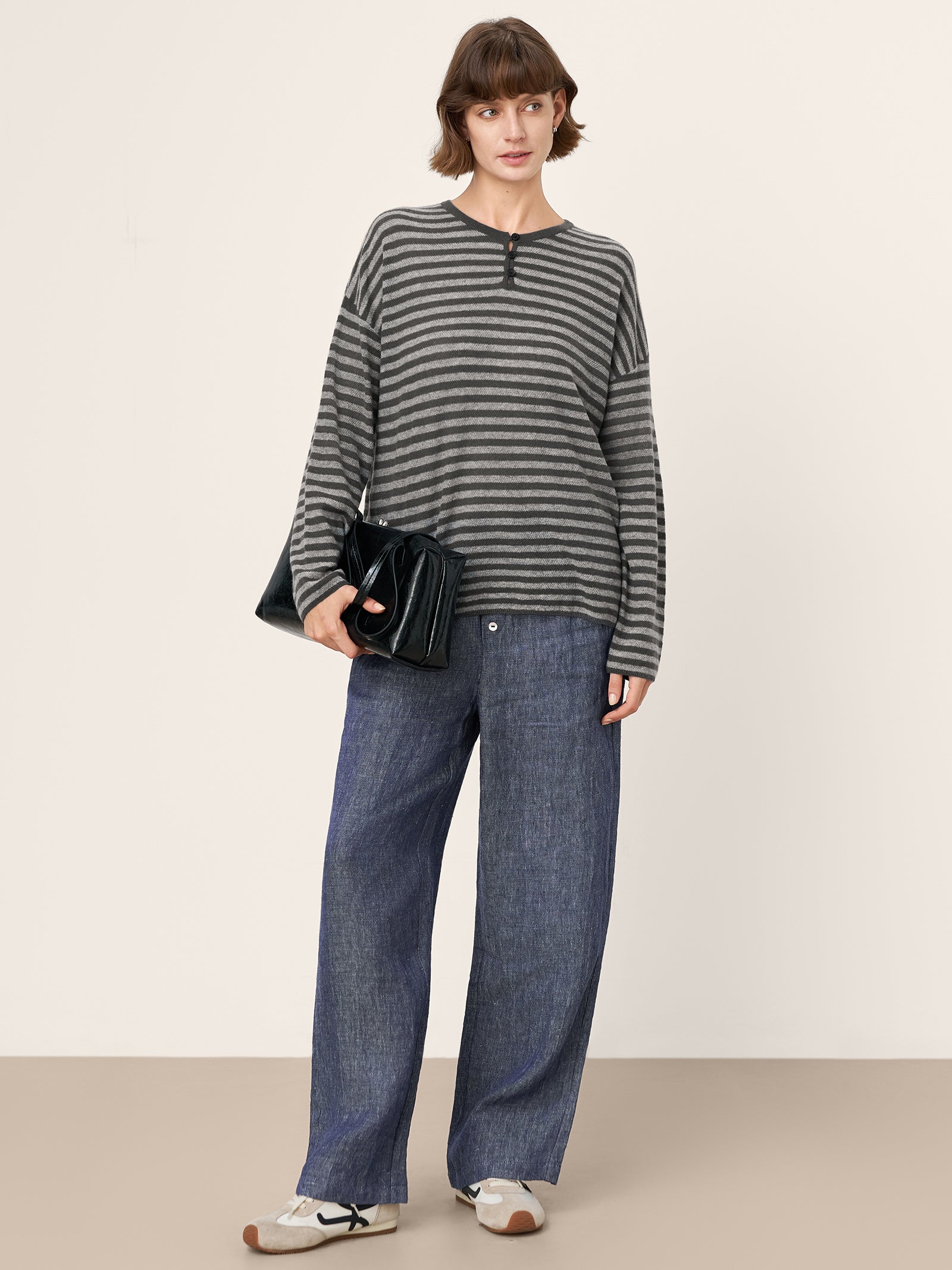 100% Mongolian Cashmere Drop Shoulder Stripe Knit Top RAINA