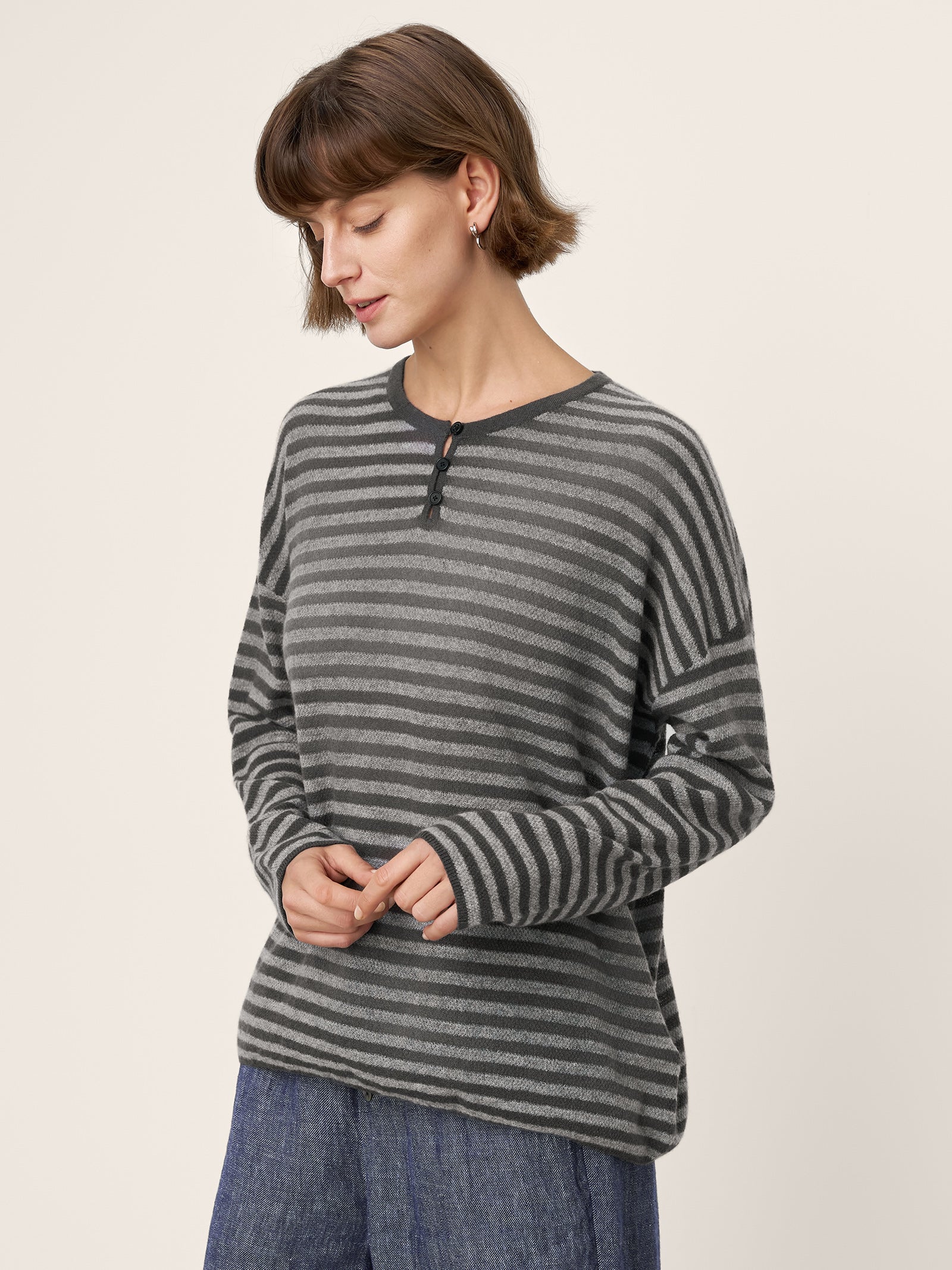 100% Mongolian Cashmere Drop Shoulder Stripe Knit Top RAINA