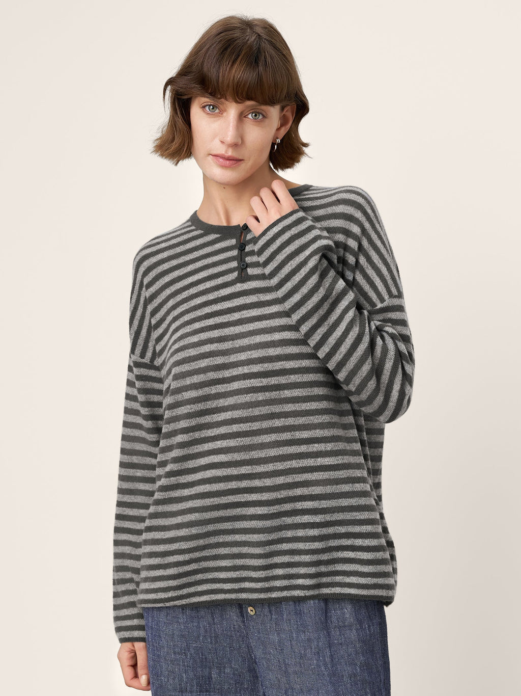 100% Mongolian Cashmere Drop Shoulder Stripe Knit Top RAINA