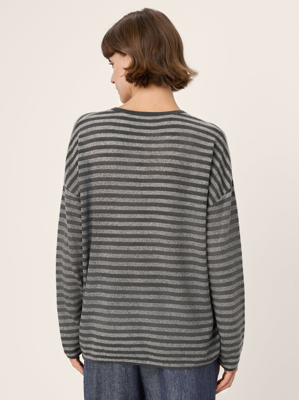 100% Mongolian Cashmere Drop Shoulder Stripe Knit Top RAINA