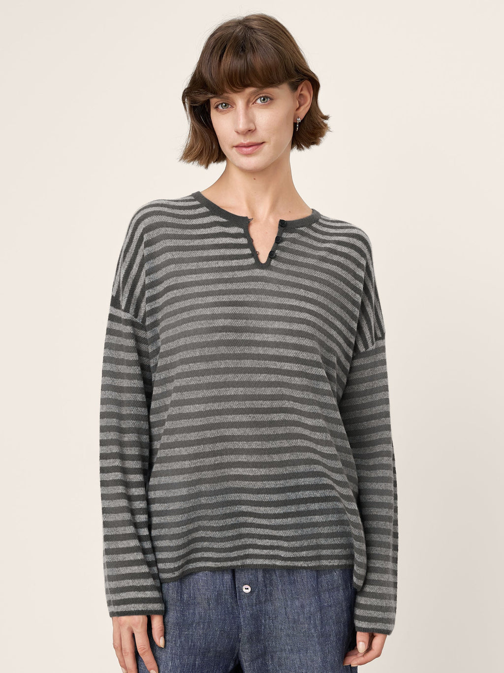 100% Mongolian Cashmere Drop Shoulder Stripe Knit Top RAINA