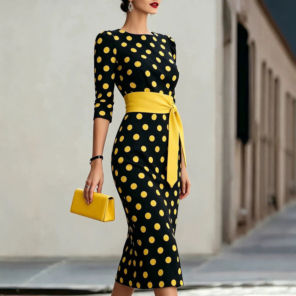 Women's Retro Polka-Dot Bodycon Midi Dress – Belted Cross-Tie