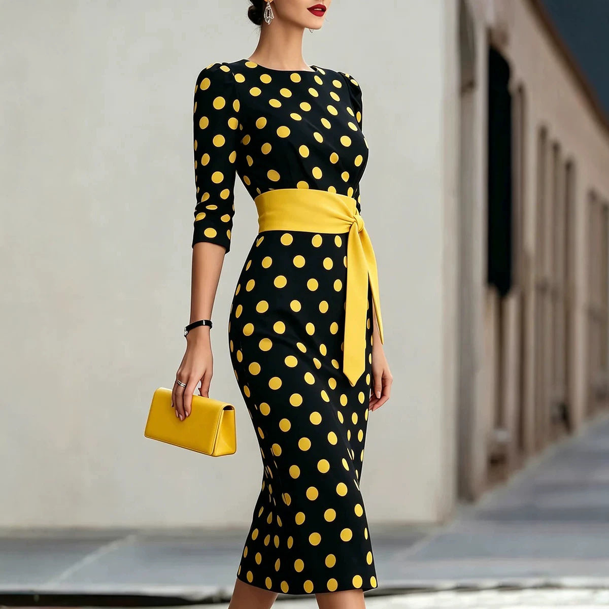 Women's Retro Polka-Dot Bodycon Midi Dress – Belted Cross-Tie
