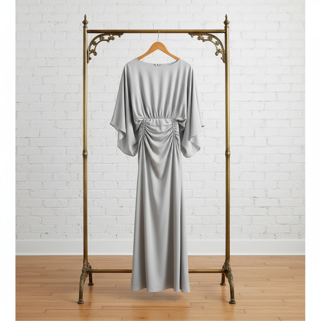 Women's Elegant Backless Pleated Batwing Sleeve Maxi Dress — Silver Mermaid Gown