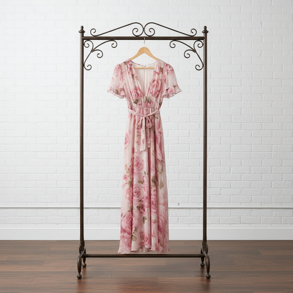 Women's Deep V-Neck Ruffle Sleeve Printed Maxi Dress – High Waist