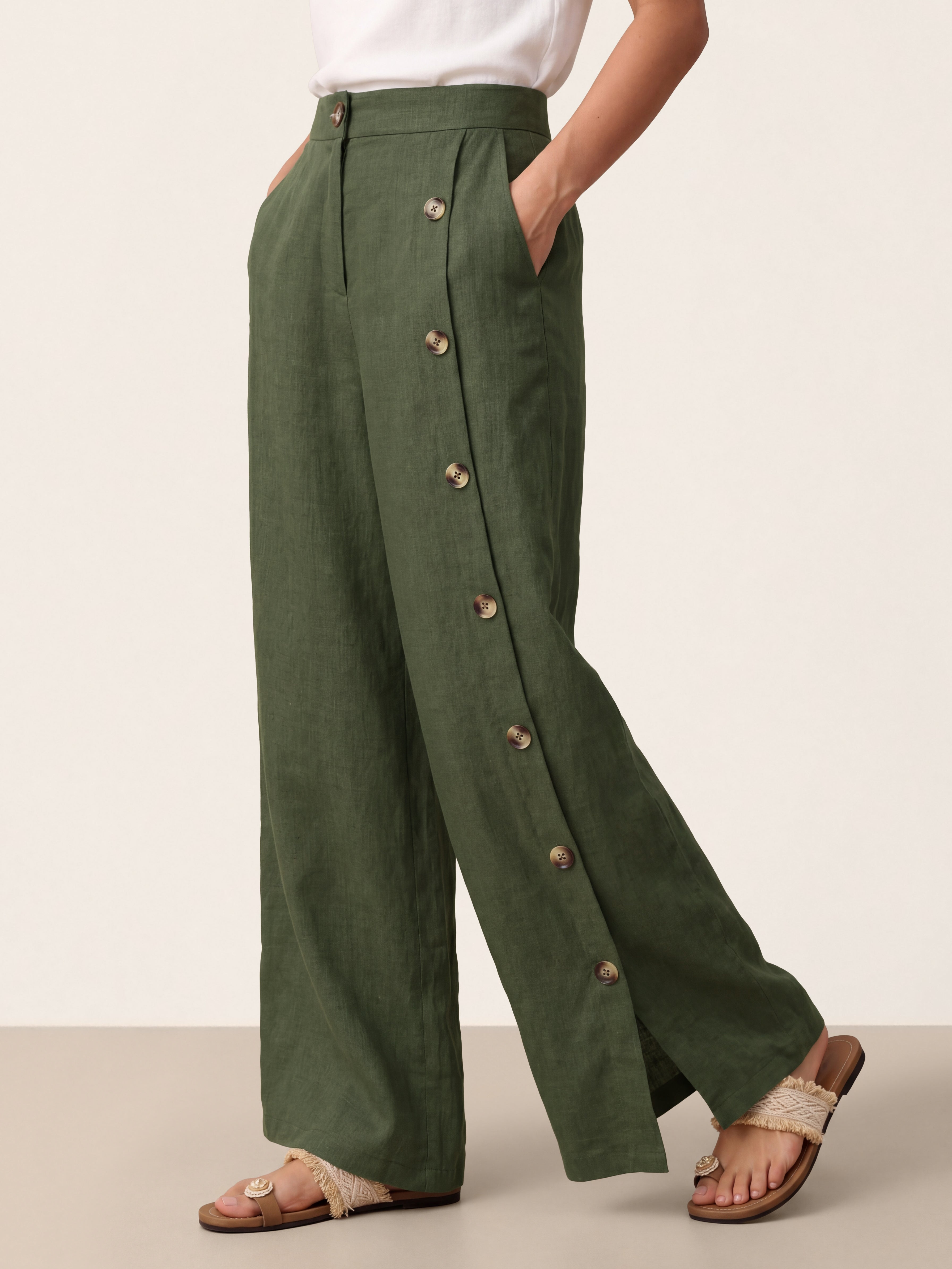 100% Linen Buttoned Slit-Hem Pants KATYA