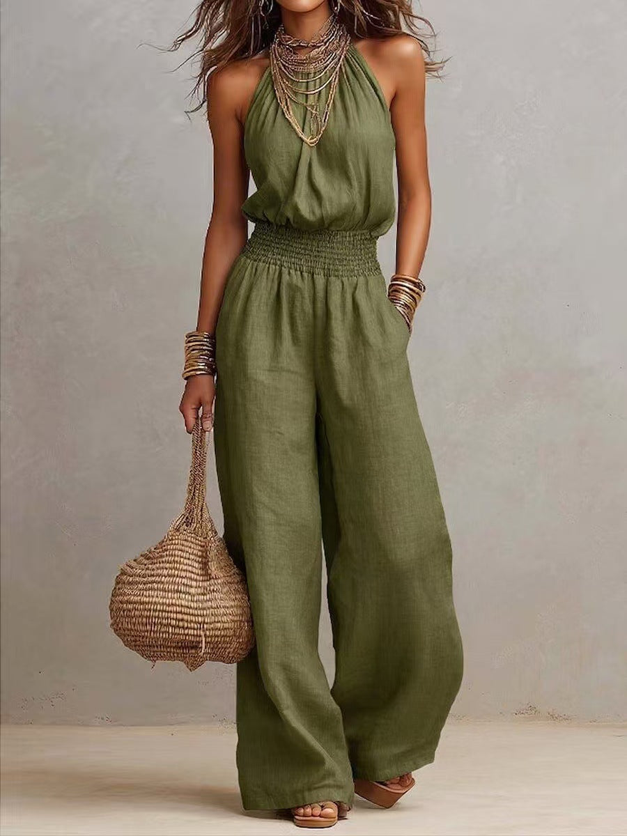 Women's Halter-Neck Backless Wide-Leg Jumpsuit – Solid Color Street Style