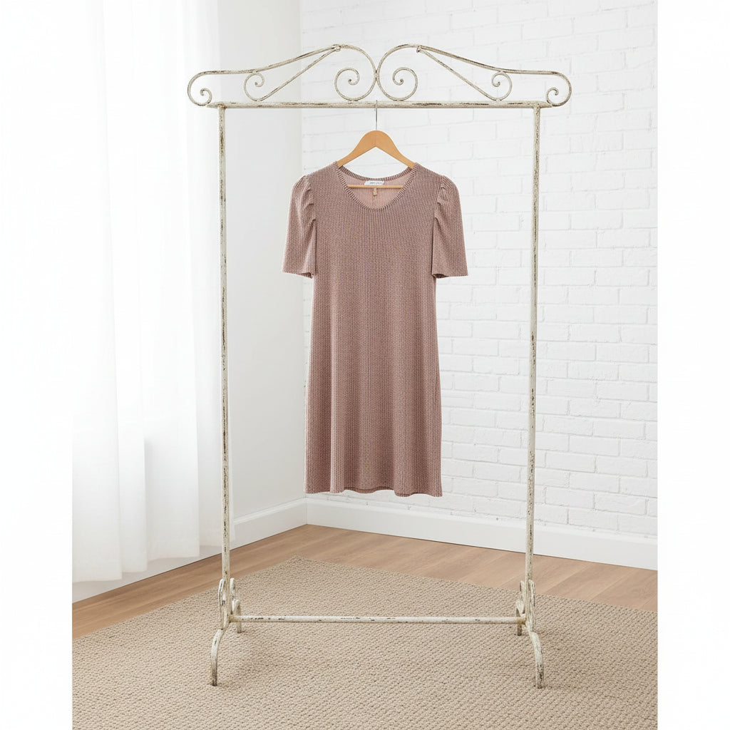 Textured Round Neck Short Sleeve Mini Dress