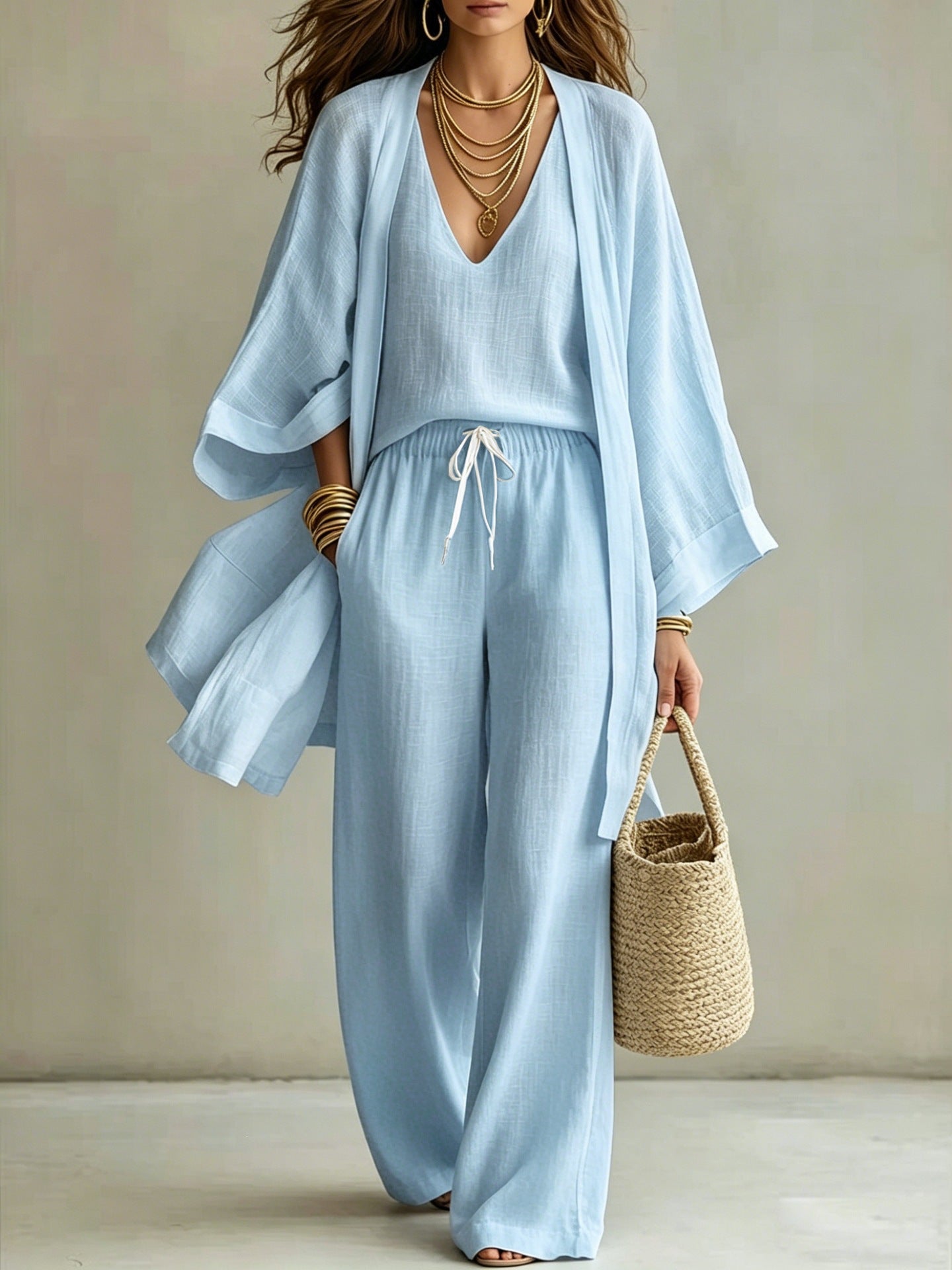 Women's 3-Piece Cardigan, Sleeveless Vest & Wide Leg Pants Set