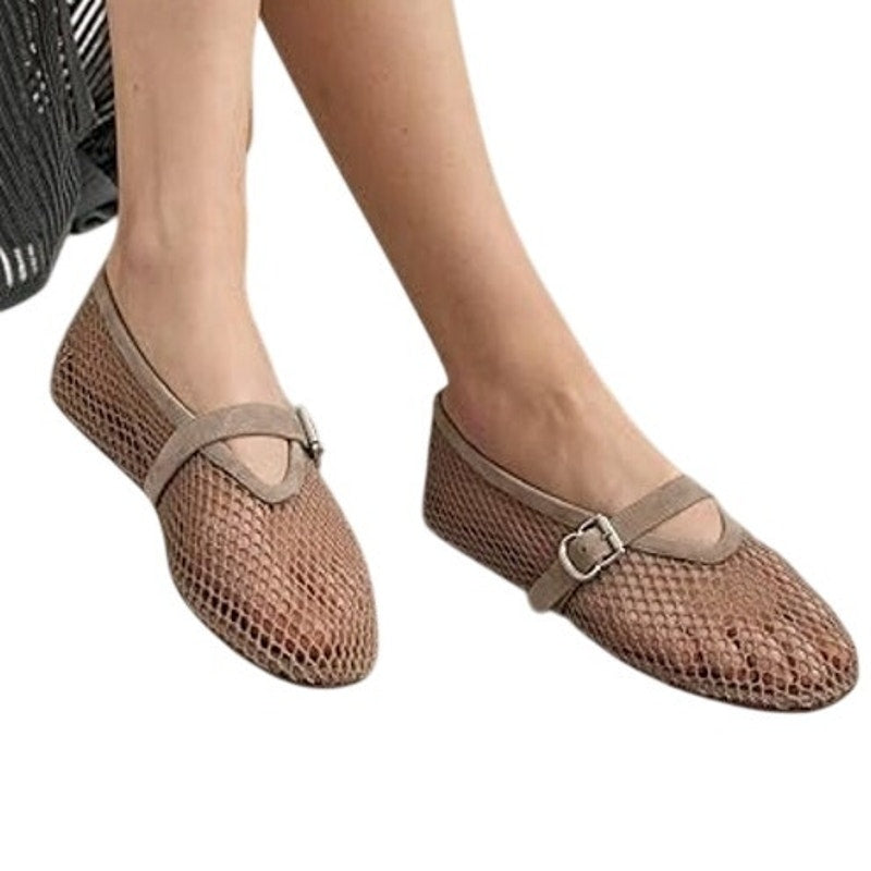Voleece Womens Size 6.5 Beige Mary Jane Ballet Flat Closed Round Toe Mesh Shoes