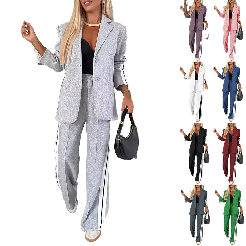 Women's Casual Suit Lapel Single-breasted Jacket And Striped Straight Pants Fashion Sports Trousers Suit Outerwears Clothing