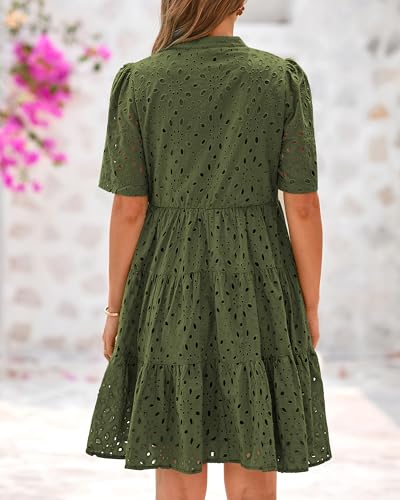 Easter Dress Women - BTFBM Womens Boho Summer Dresses 2025 Resort V Neck Short Sleeve Hollow Out Lace Ruffle Casual Beach Mini Vacation Dress