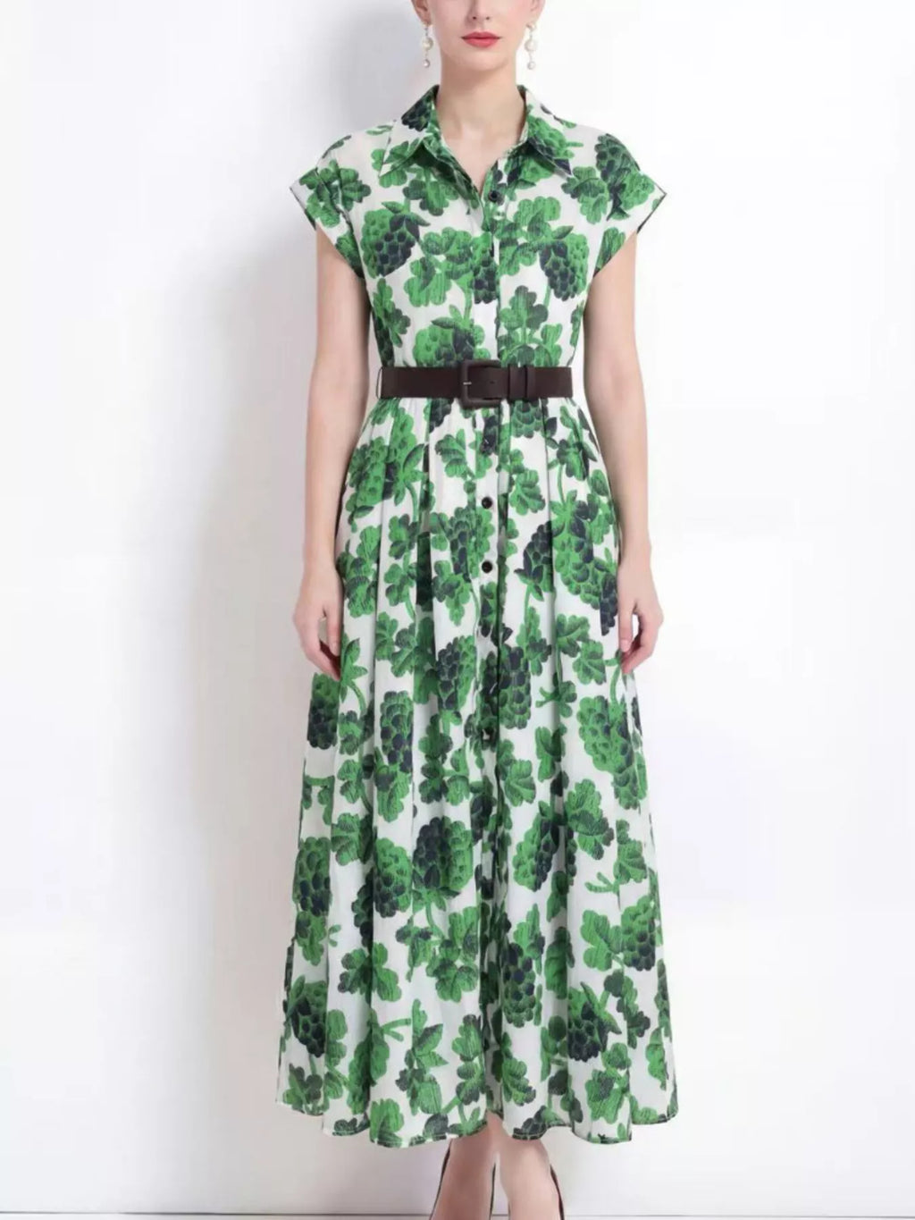 Printed Button Front Cap Sleeve Dress