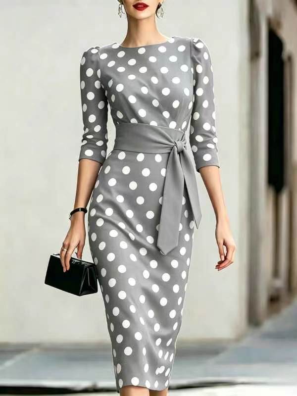 Women's Retro Polka-Dot Bodycon Midi Dress – Belted Cross-Tie