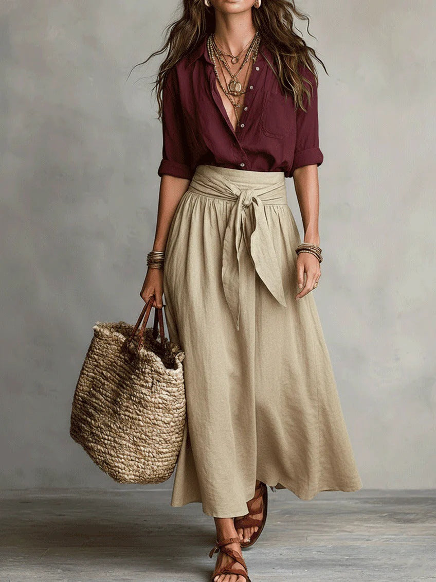 Button-Down Shirt & Straight Skirt Two-Piece Set