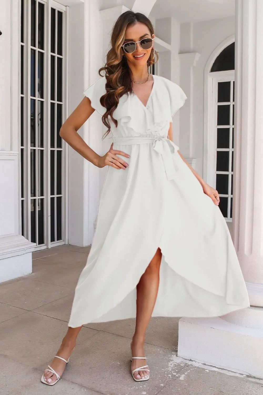 Tied Front Ruffled Short Sleeve Midi Dress