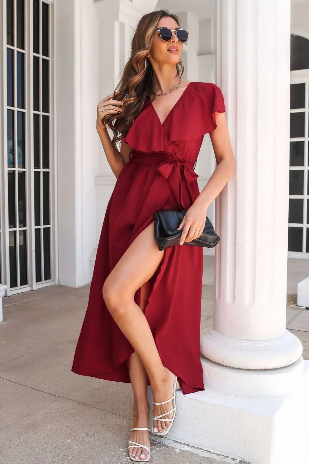 Tied Front Ruffled Short Sleeve Midi Dress