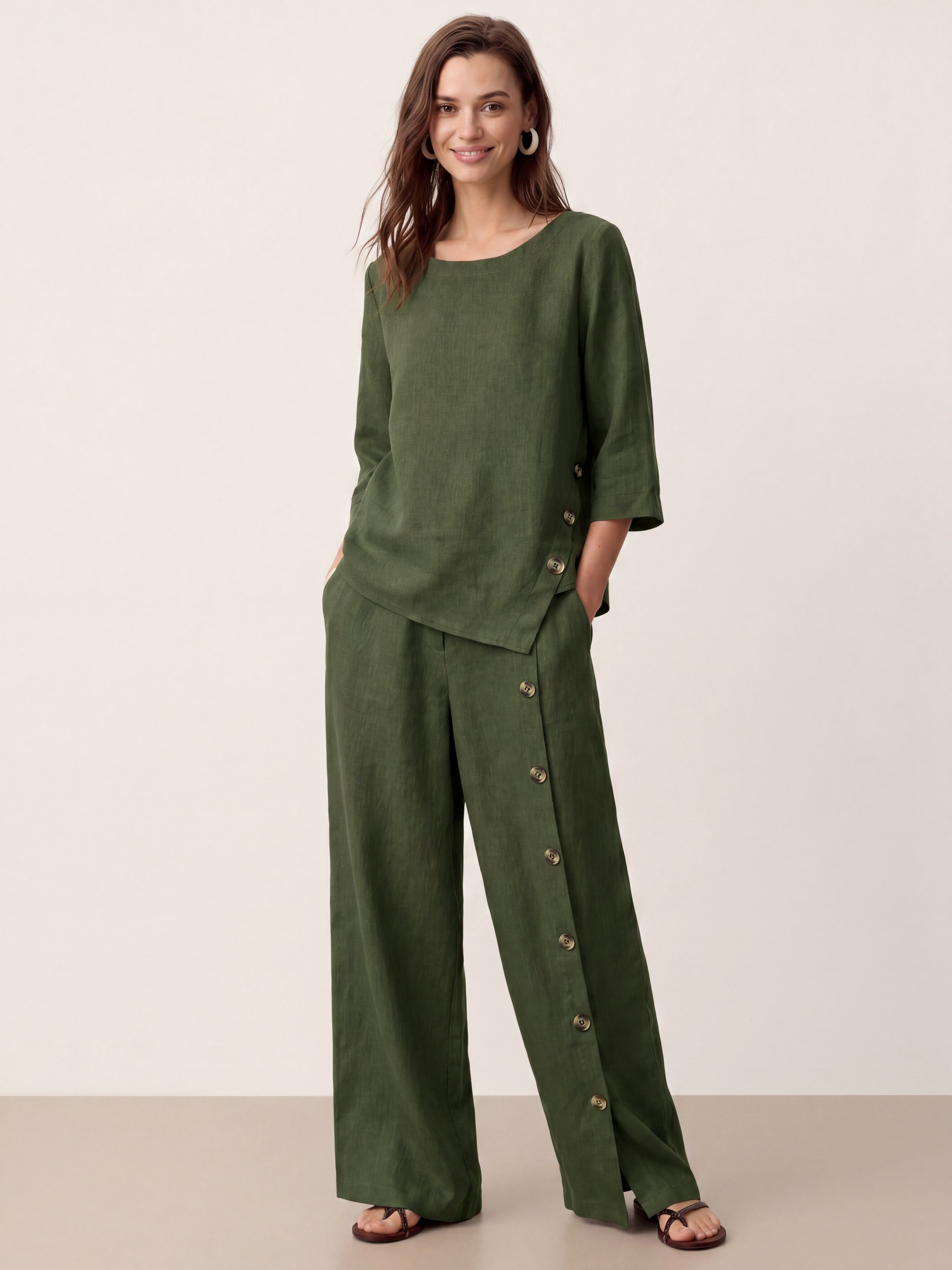 100% Linen Buttoned Slit-Hem Pants KATYA