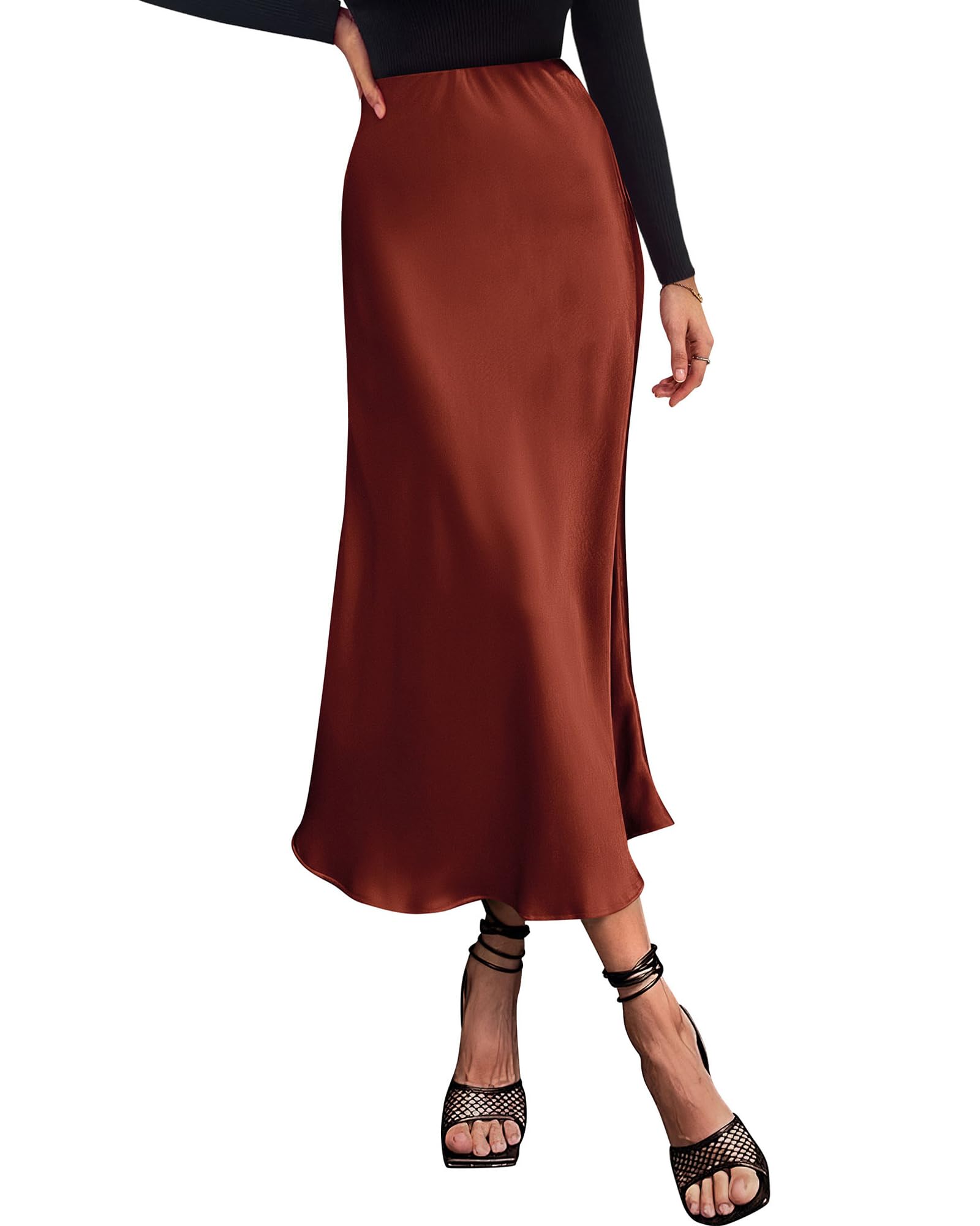 Women's High Waist Satin Midi Skirt - Elegant A-Line Flowy Party Wedding Skirt