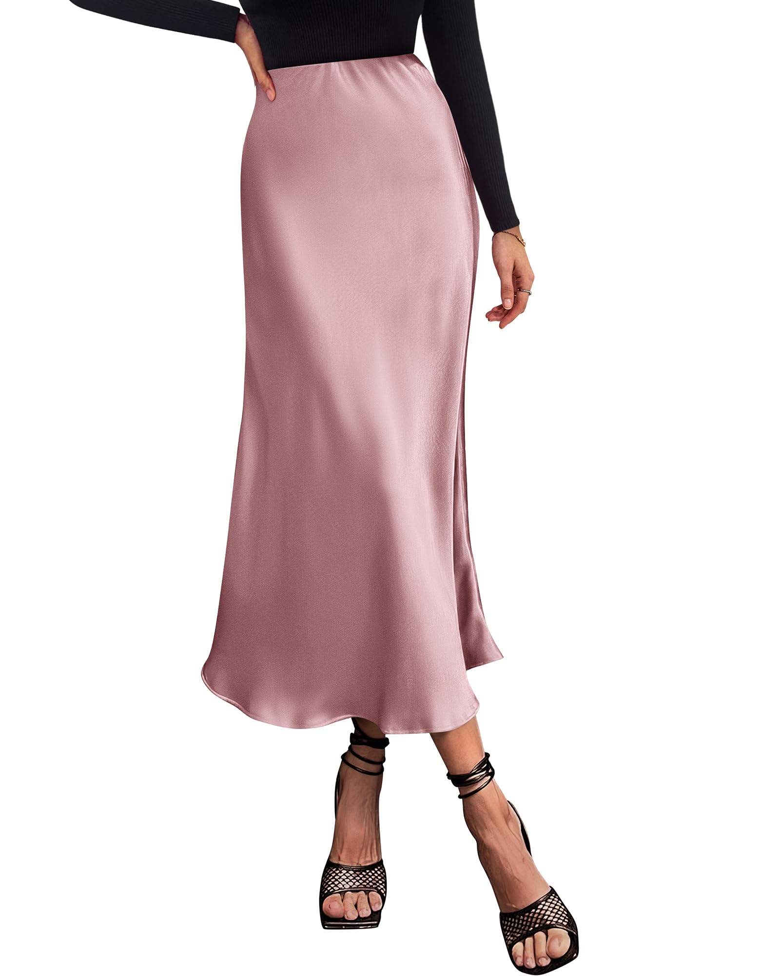 Women's High Waist Satin Midi Skirt - Elegant A-Line Flowy Party Wedding Skirt