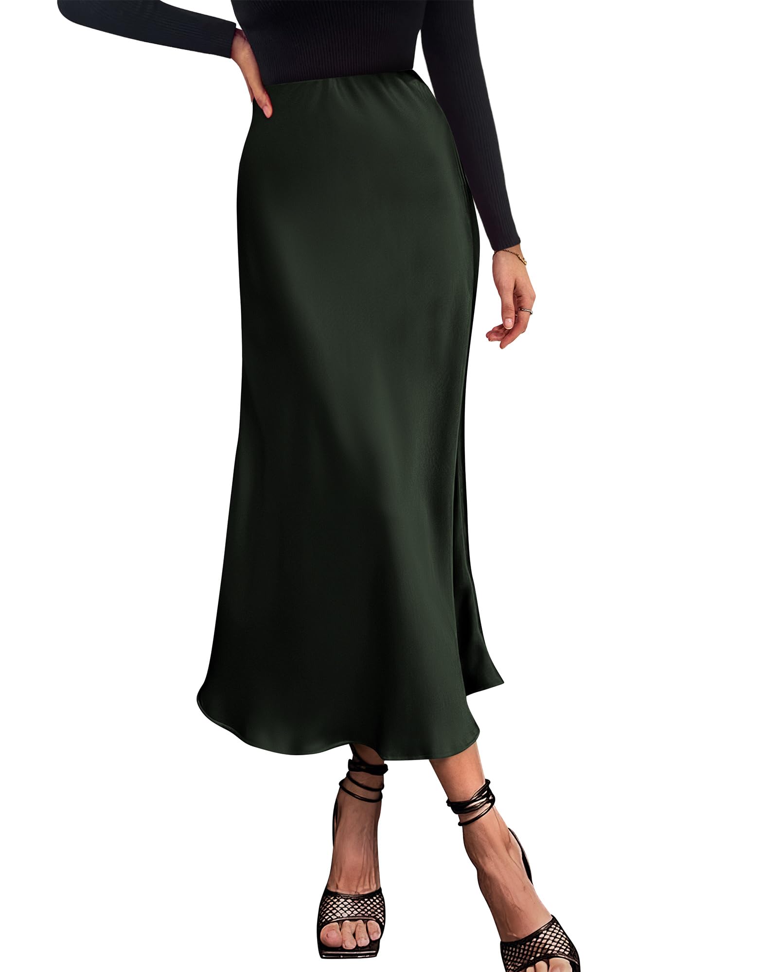Women's High Waist Satin Midi Skirt - Elegant A-Line Flowy Party Wedding Skirt