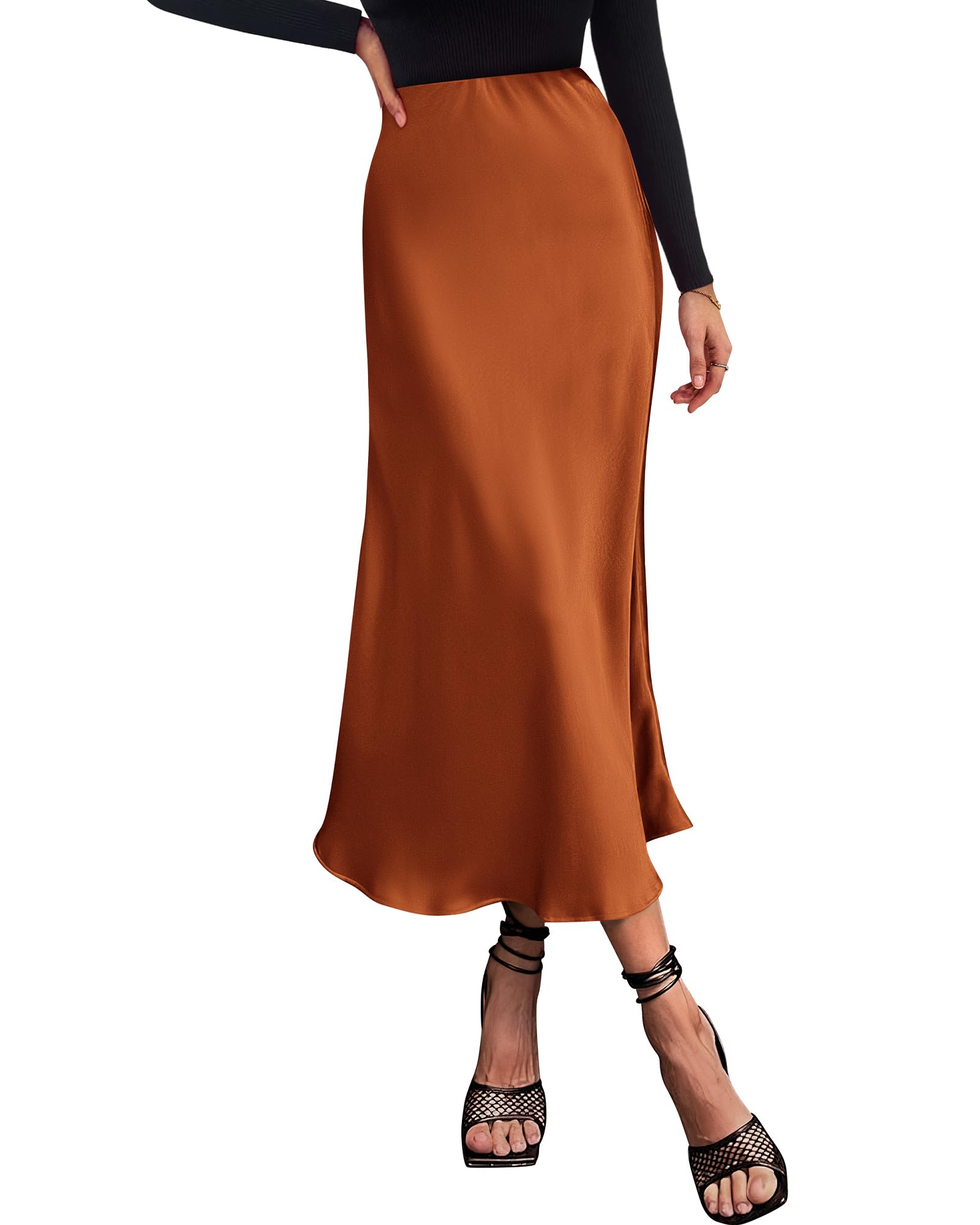 Women's High Waist Satin Midi Skirt - Elegant A-Line Flowy Party Wedding Skirt