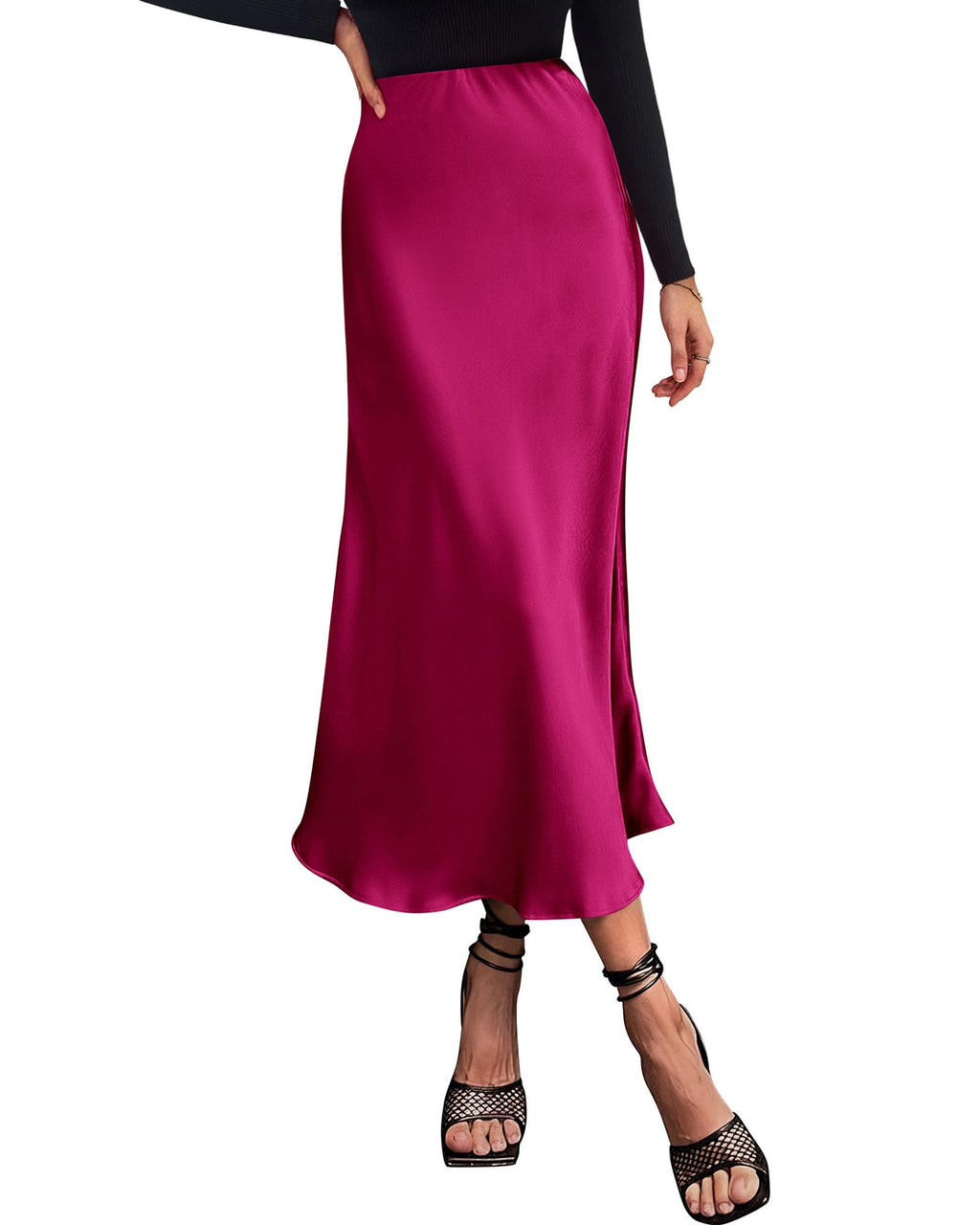 Women's High Waist Satin Midi Skirt - Elegant A-Line Flowy Party Wedding Skirt