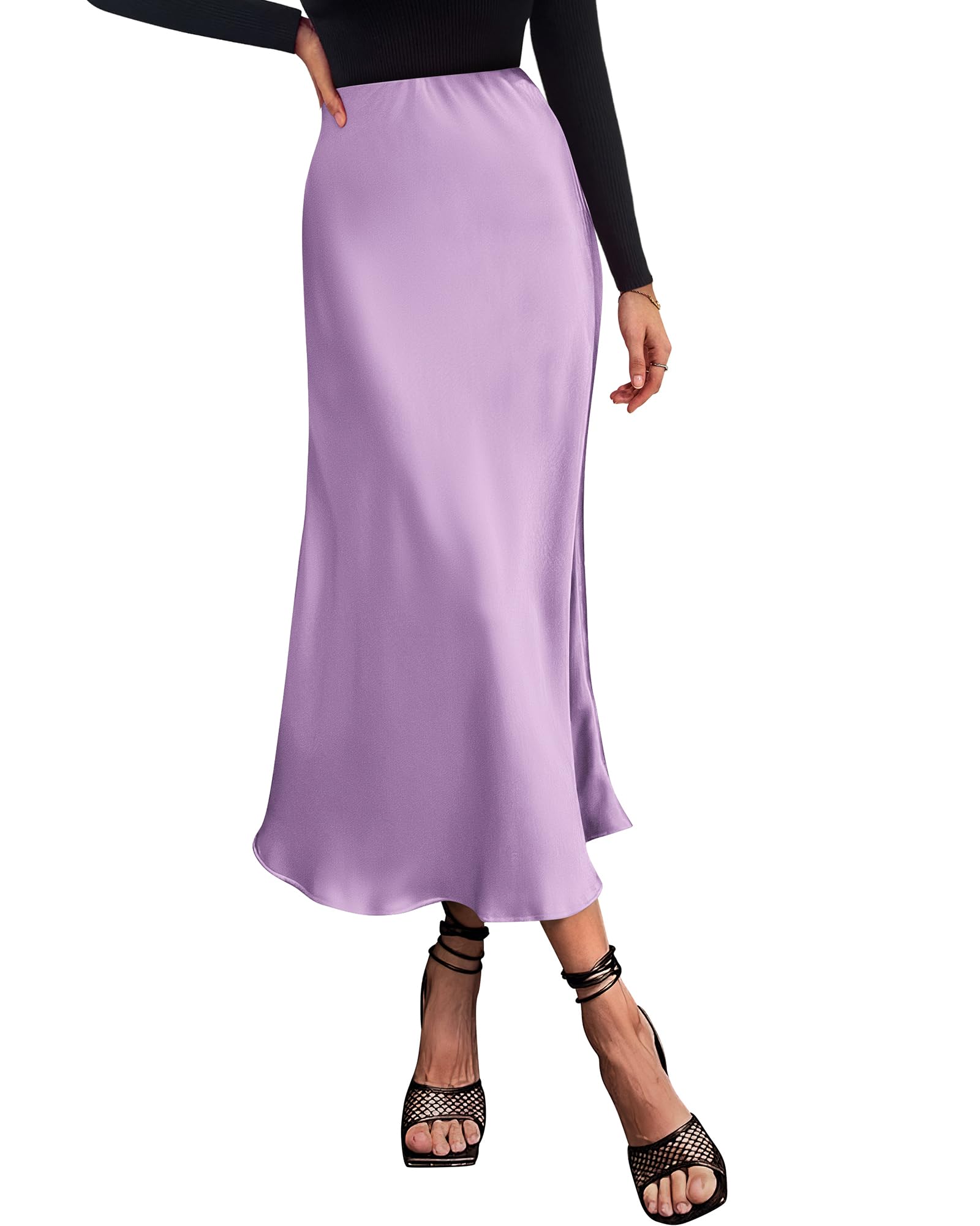 Women's High Waist Satin Midi Skirt - Elegant A-Line Flowy Party Wedding Skirt