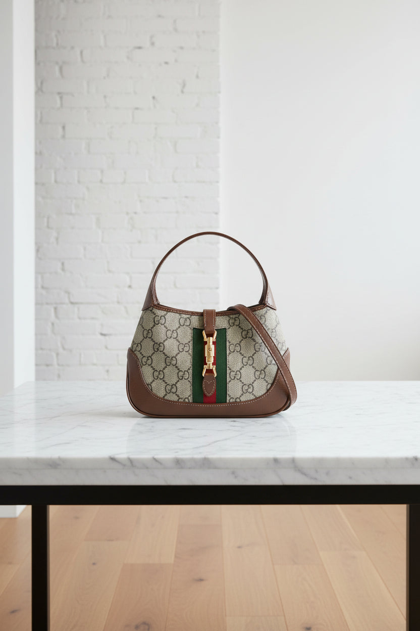 Authentic Gucci Jackie GG Supreme Canvas Brown Leather Shoulder Bag Web Stripe