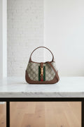 Authentic Gucci Jackie GG Supreme Canvas Brown Leather Shoulder Bag Web Stripe
