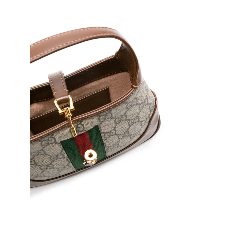 Authentic Gucci Jackie GG Supreme Canvas Brown Leather Shoulder Bag Web Stripe