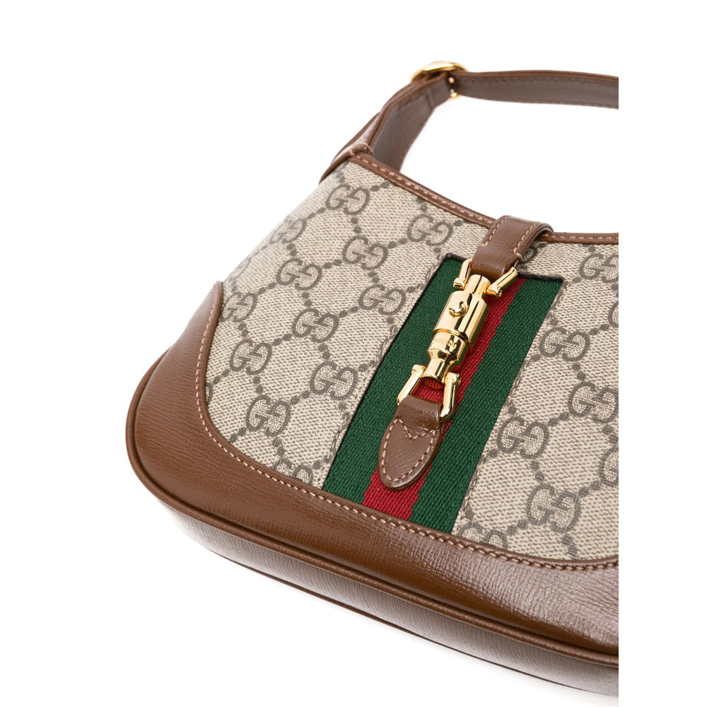 Authentic Gucci Jackie GG Supreme Canvas Brown Leather Shoulder Bag Web Stripe