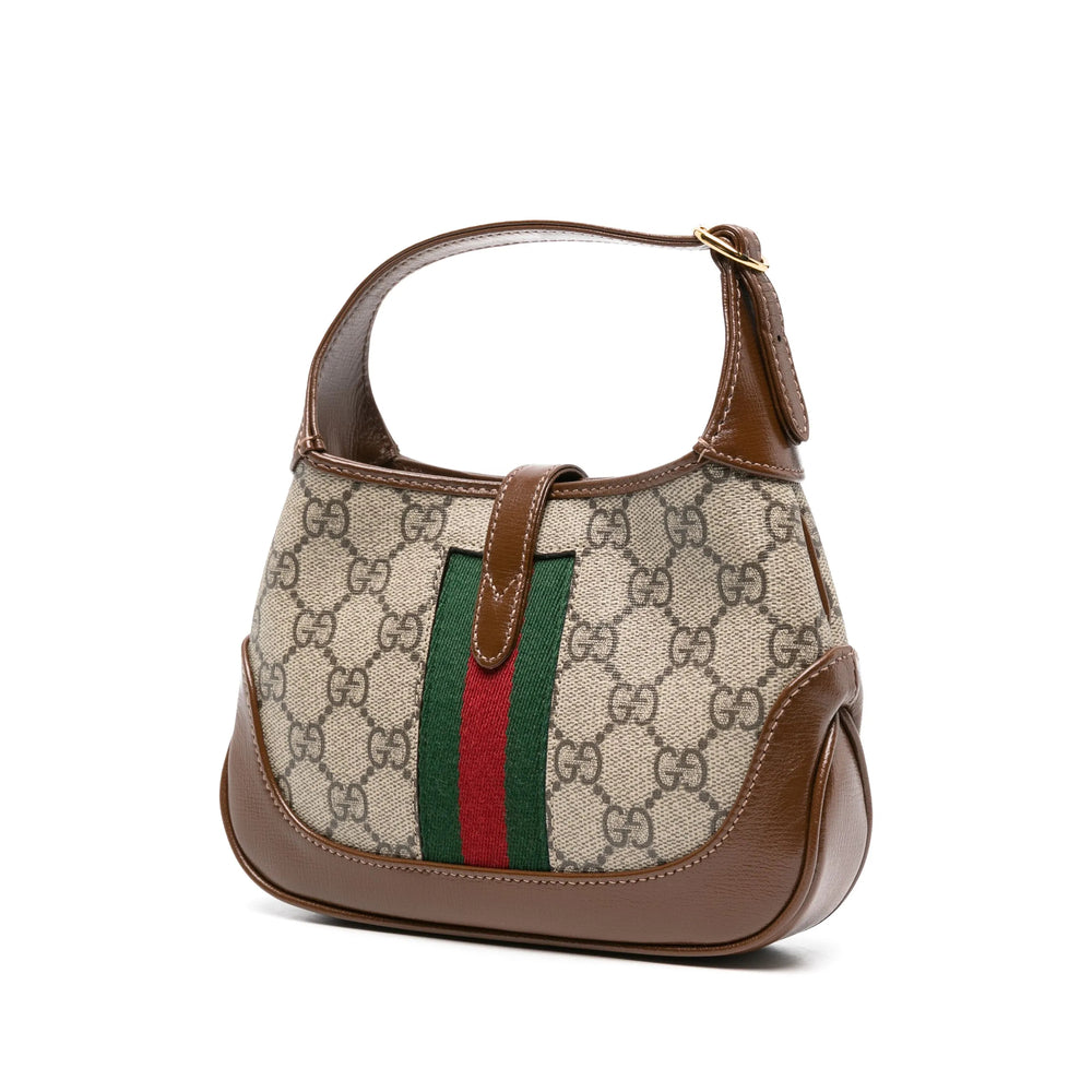 Authentic Gucci Jackie GG Supreme Canvas Brown Leather Shoulder Bag Web Stripe
