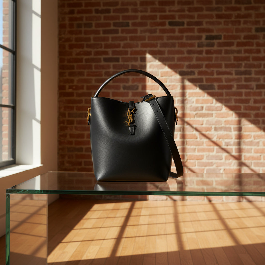 Saint Laurent Black Calfskin Leather Smooth Grain Bucket Bag – Single Handle & Adjustable Strap