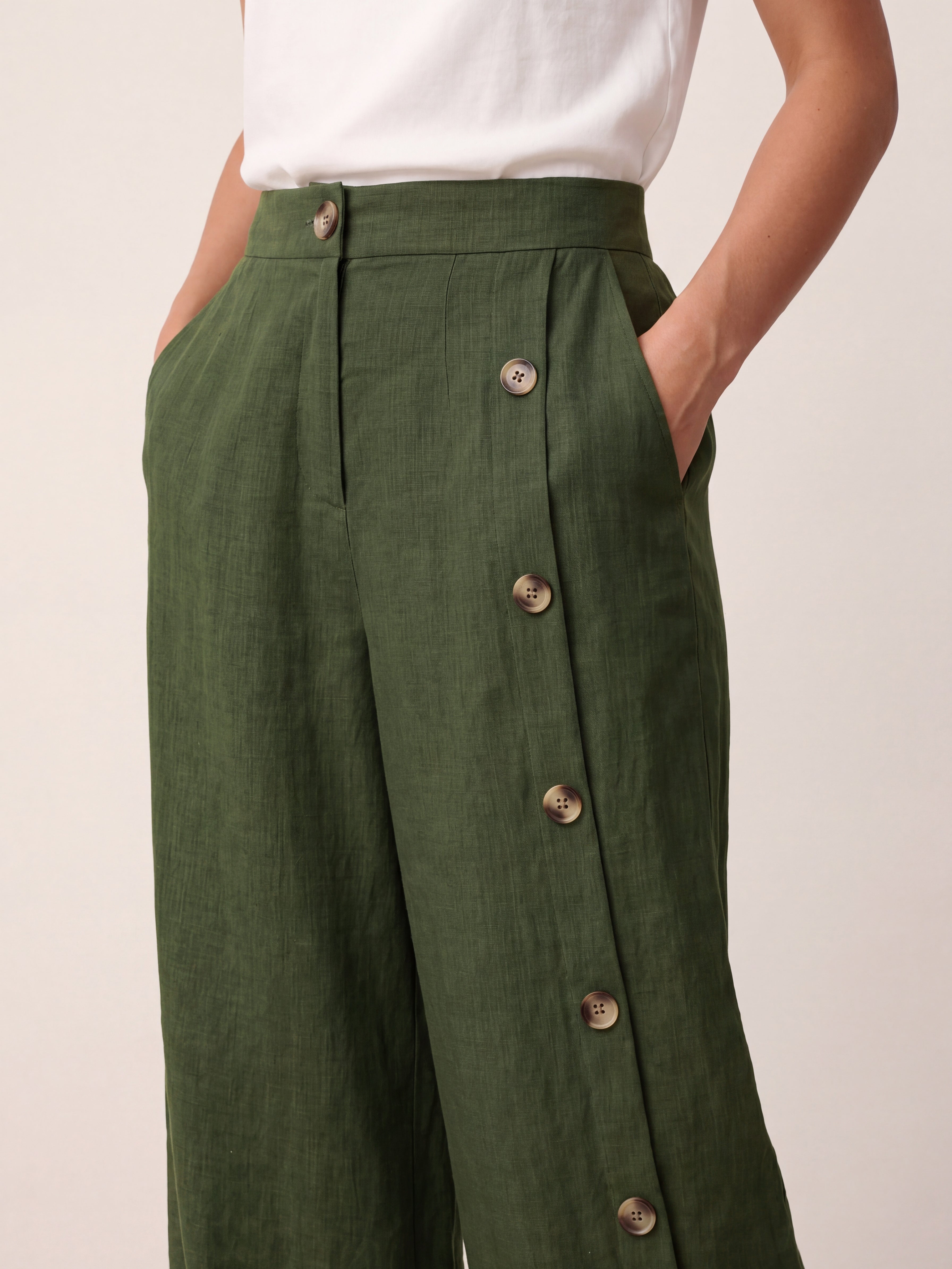 100% Linen Buttoned Slit-Hem Pants KATYA