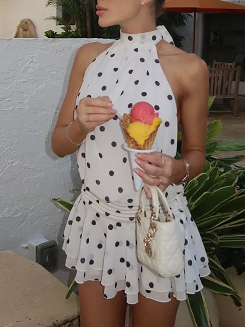 Polka Dot Halter Neck Ruffle Dress