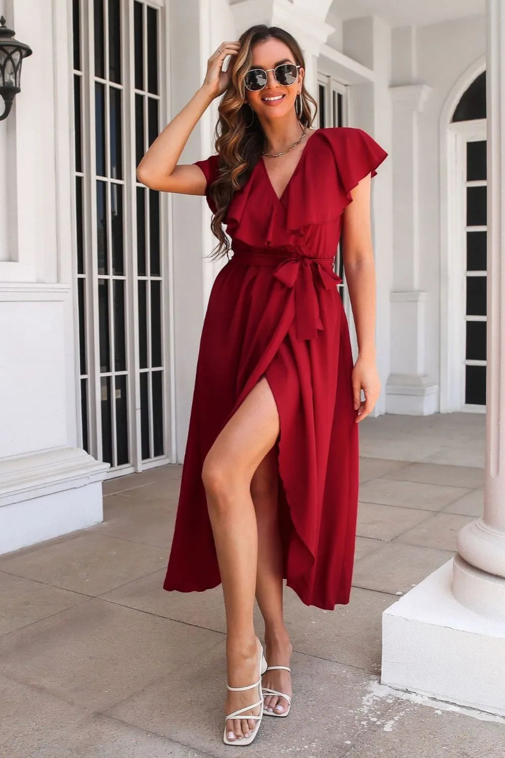 Tied Front Ruffled Short Sleeve Midi Dress